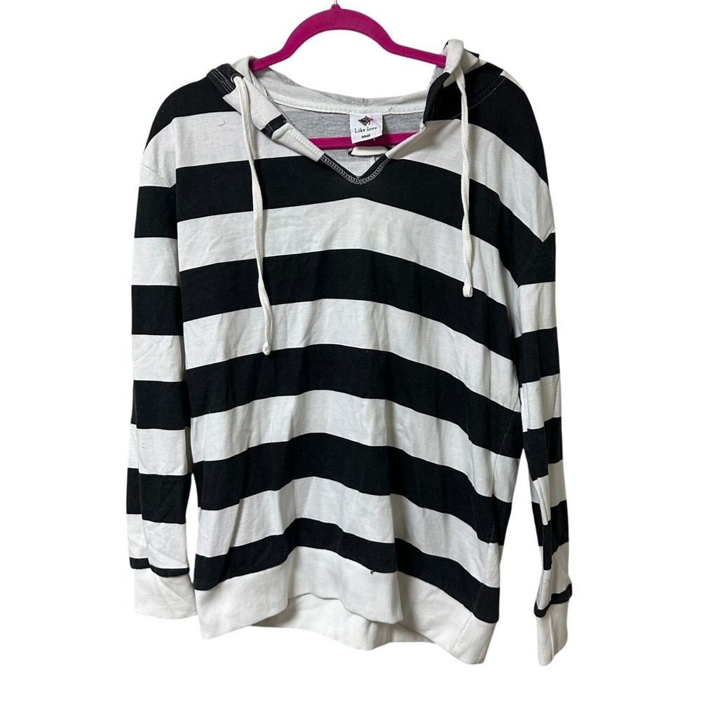 Like Love Womens Black White Striped Lace Up Back Hoodie V-Neck Small NWT
